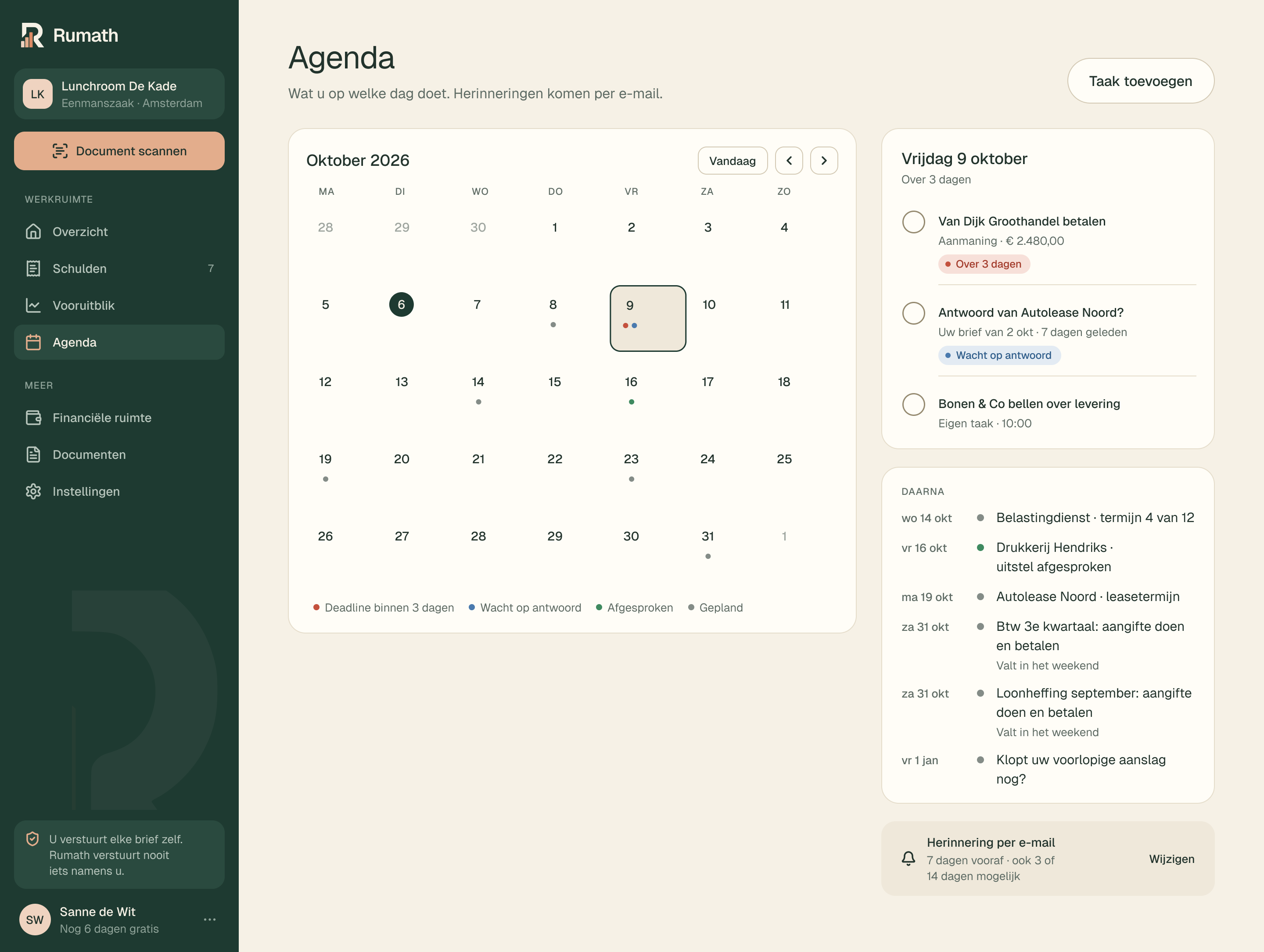 De agenda van Rumath: vrijdag 9 oktober met drie punten, en daaronder de betalingen en aangiftes die daarna komen.