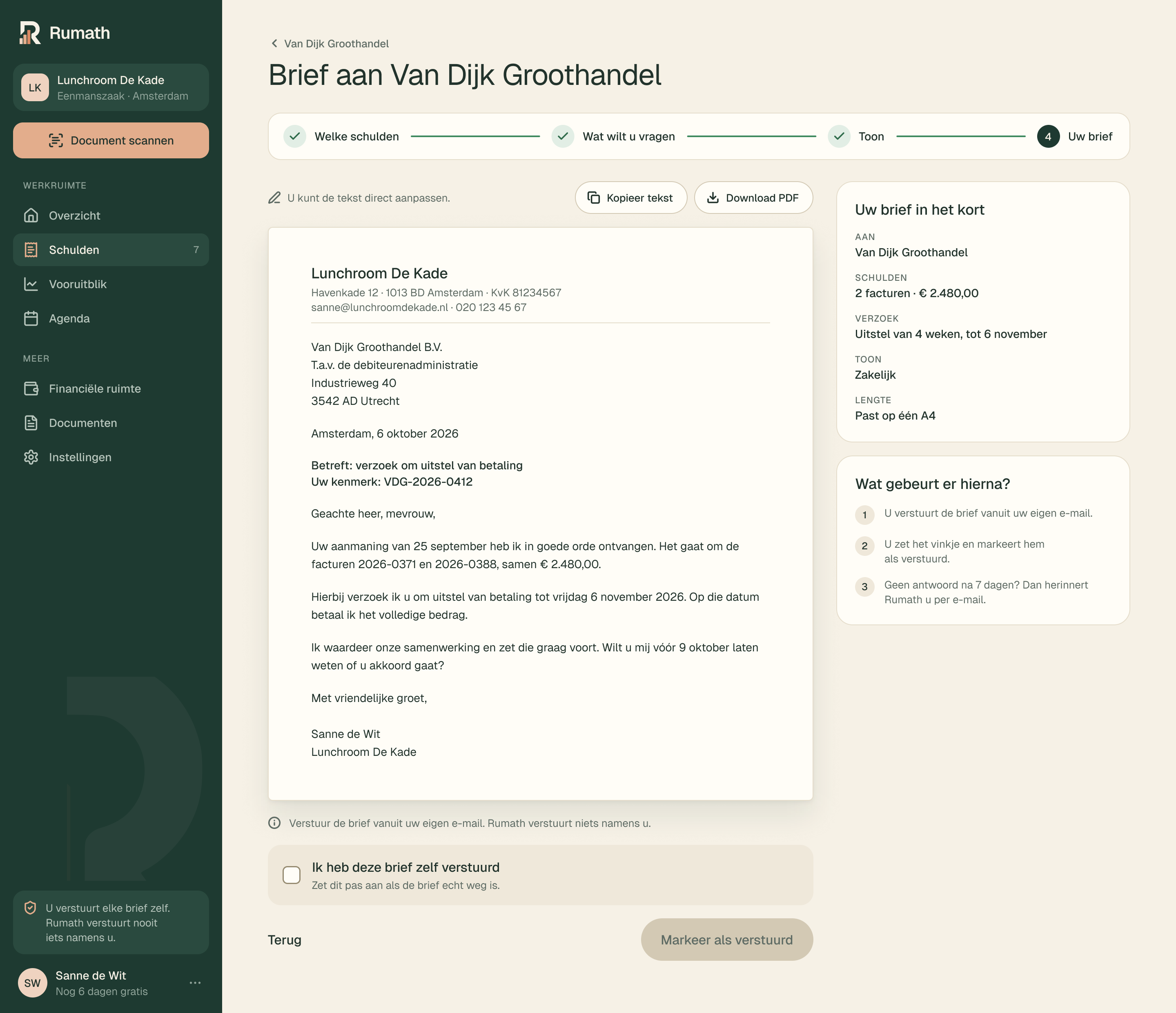 De brief aan Van Dijk Groothandel: een verzoek om uitstel van betaling tot vrijdag 6 november 2026. Onder de brief: ‘Verstuur de brief vanuit uw eigen e-mail. Rumath verstuurt niets namens u.’
