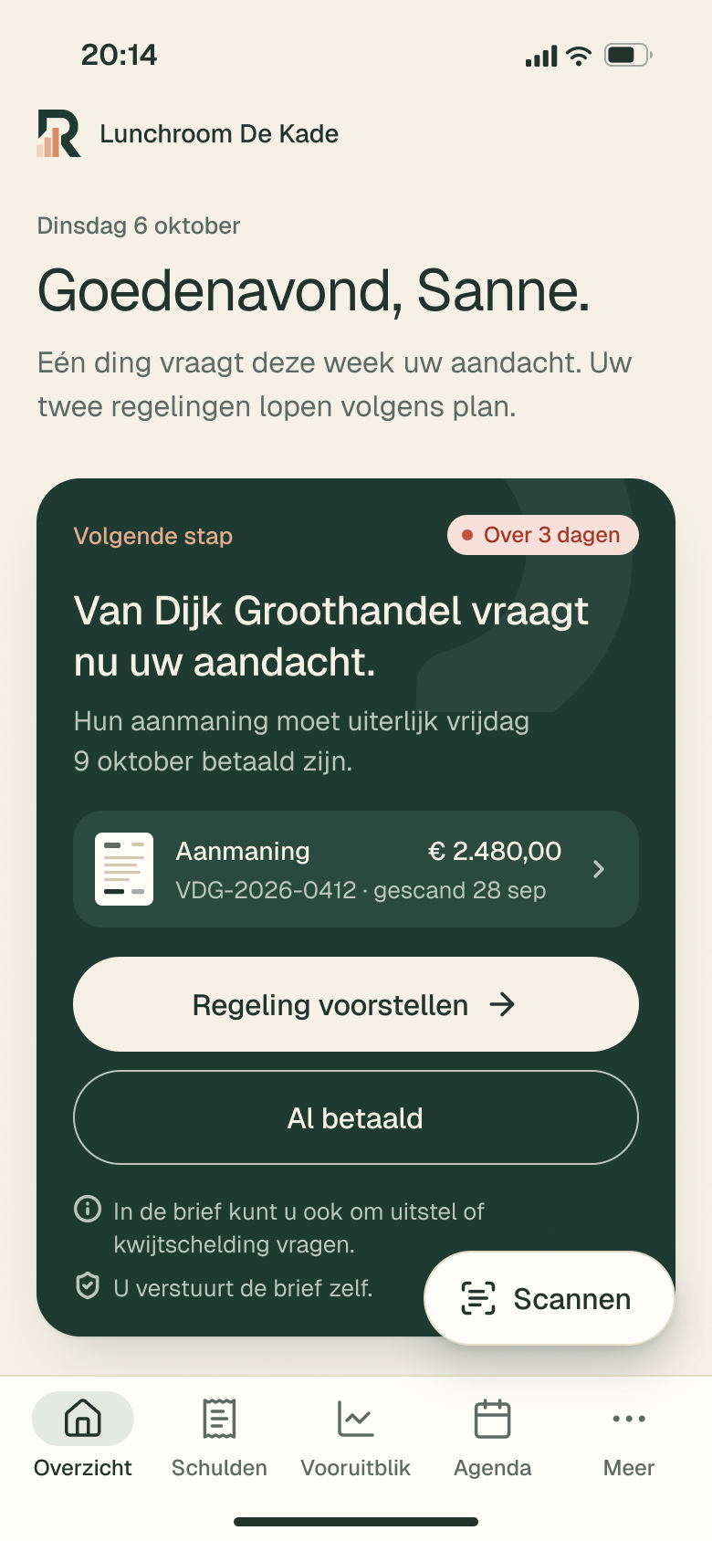 Het overzicht van Rumath op de telefoon: Goedenavond, Sanne. Van Dijk Groothandel vraagt nu uw aandacht.