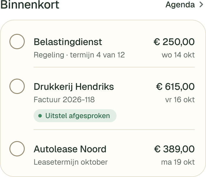 Binnenkort: Belastingdienst € 250,00, Drukkerij Hendriks € 615,00 met uitstel afgesproken, Autolease Noord € 389,00.
