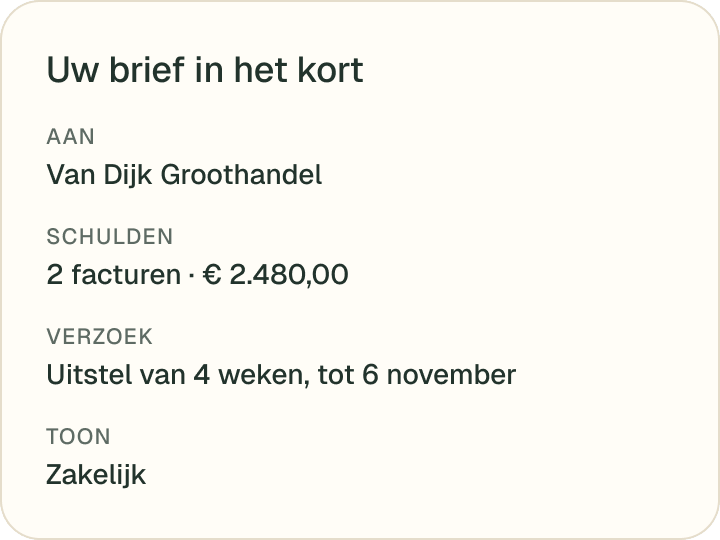 Uw brief in het kort: aan Van Dijk Groothandel, 2 facturen van samen € 2.480,00, met het verzoek om uitstel van 4 weken, tot 6 november, in een zakelijke toon.