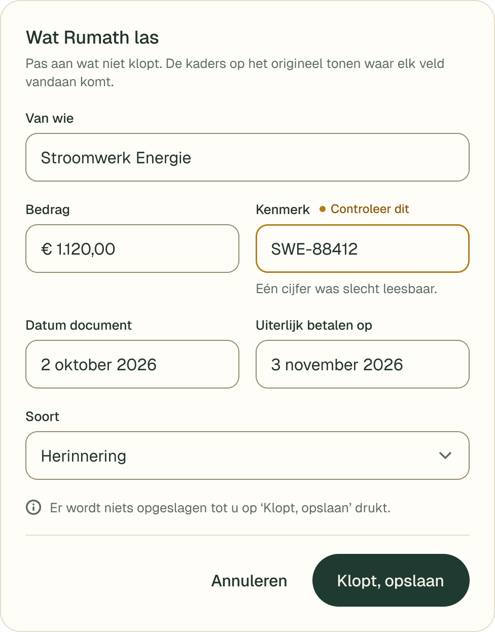 Wat Rumath las: Stroomwerk Energie, € 1.120,00, kenmerk SWE-88412 met ‘Controleer dit’, uiterlijk betalen op 3 november 2026.