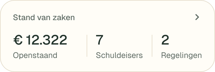 Stand van zaken: € 12.322 openstaand bij 7 schuldeisers, met 2 regelingen.