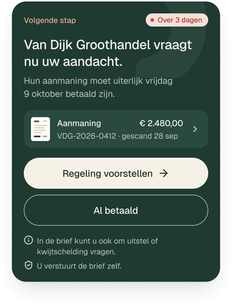 De kaart ‘Volgende stap’: Van Dijk Groothandel vraagt nu uw aandacht. Hun aanmaning van € 2.480,00 moet uiterlijk vrijdag 9 oktober betaald zijn. Met de knoppen ‘Regeling voorstellen’ en ‘Al betaald’.