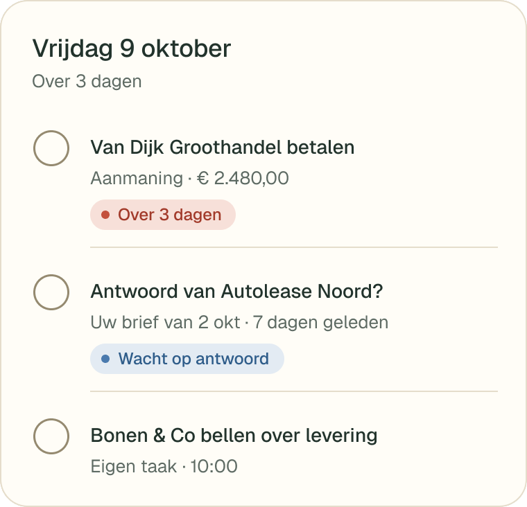 Vrijdag 9 oktober, over 3 dagen: Van Dijk Groothandel betalen, € 2.480,00; wachten op antwoord van Autolease Noord op uw brief van 2 oktober; en de eigen taak Bonen & Co bellen om 10:00.